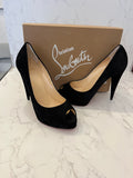Pre Loved Christian Louboutin Very Conic 120 Black Suede Peeptoe Heels Size UK 6 (New)