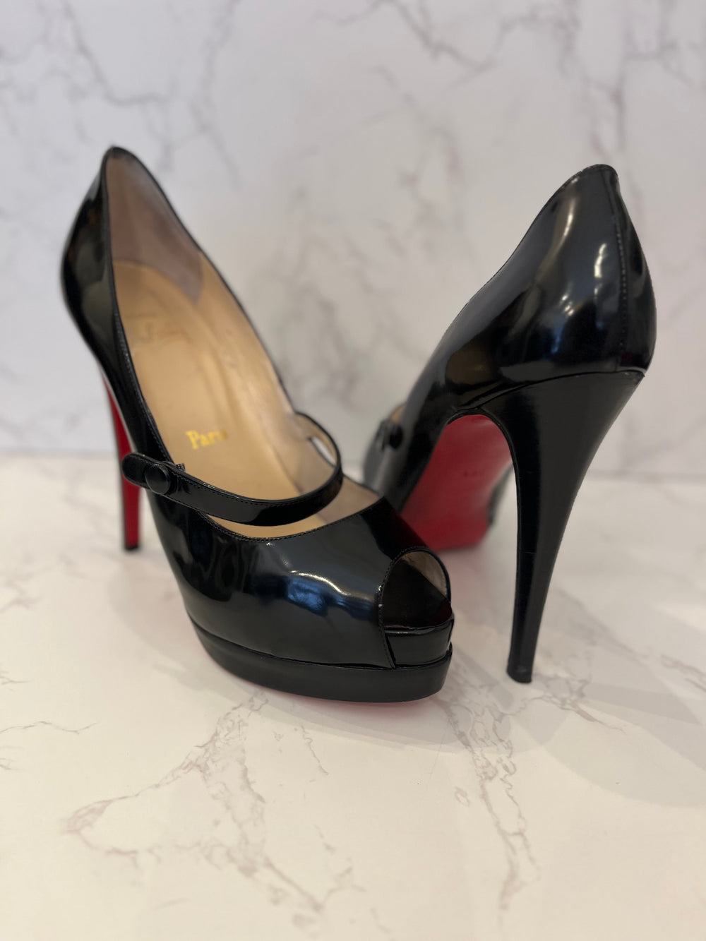 Pre Loved Christian Louboutin 130 Black Patent Peeptoe Mary-Jane Heels Size UK 5.5