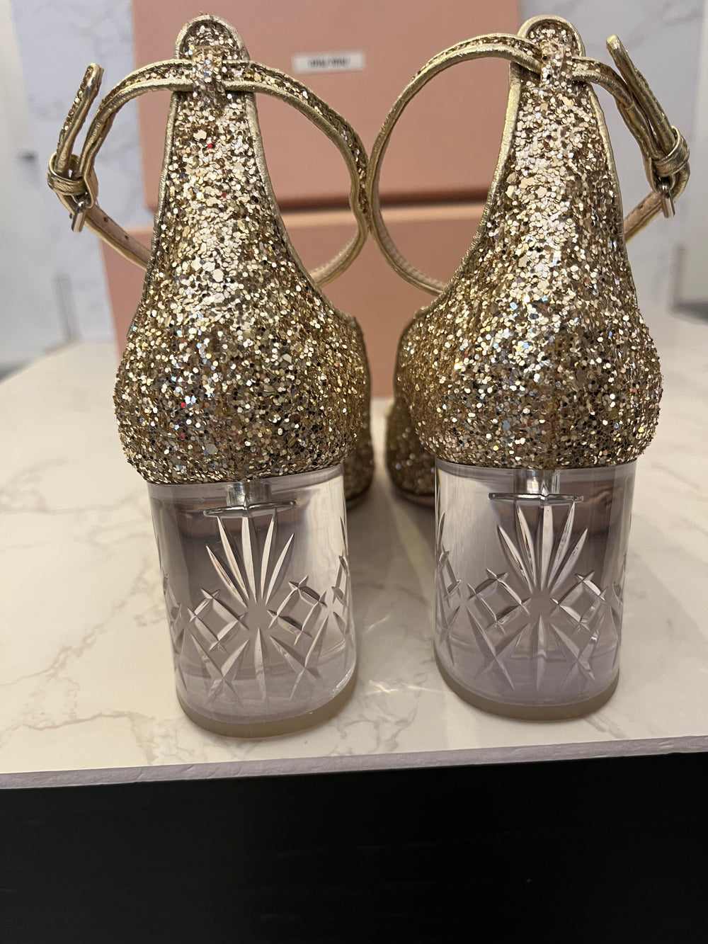 Pre Loved Miu Miu Gold Glitter Pumps with Clear Crystal Block Heel UK 5 New