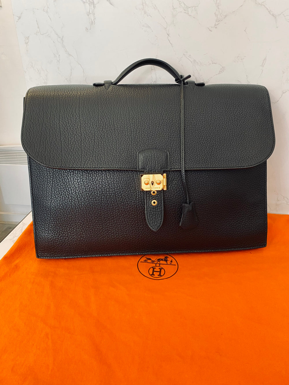Pre Loved Hermes Sac a Depeches Briefcase 40 in Black Grained Leather year 1986