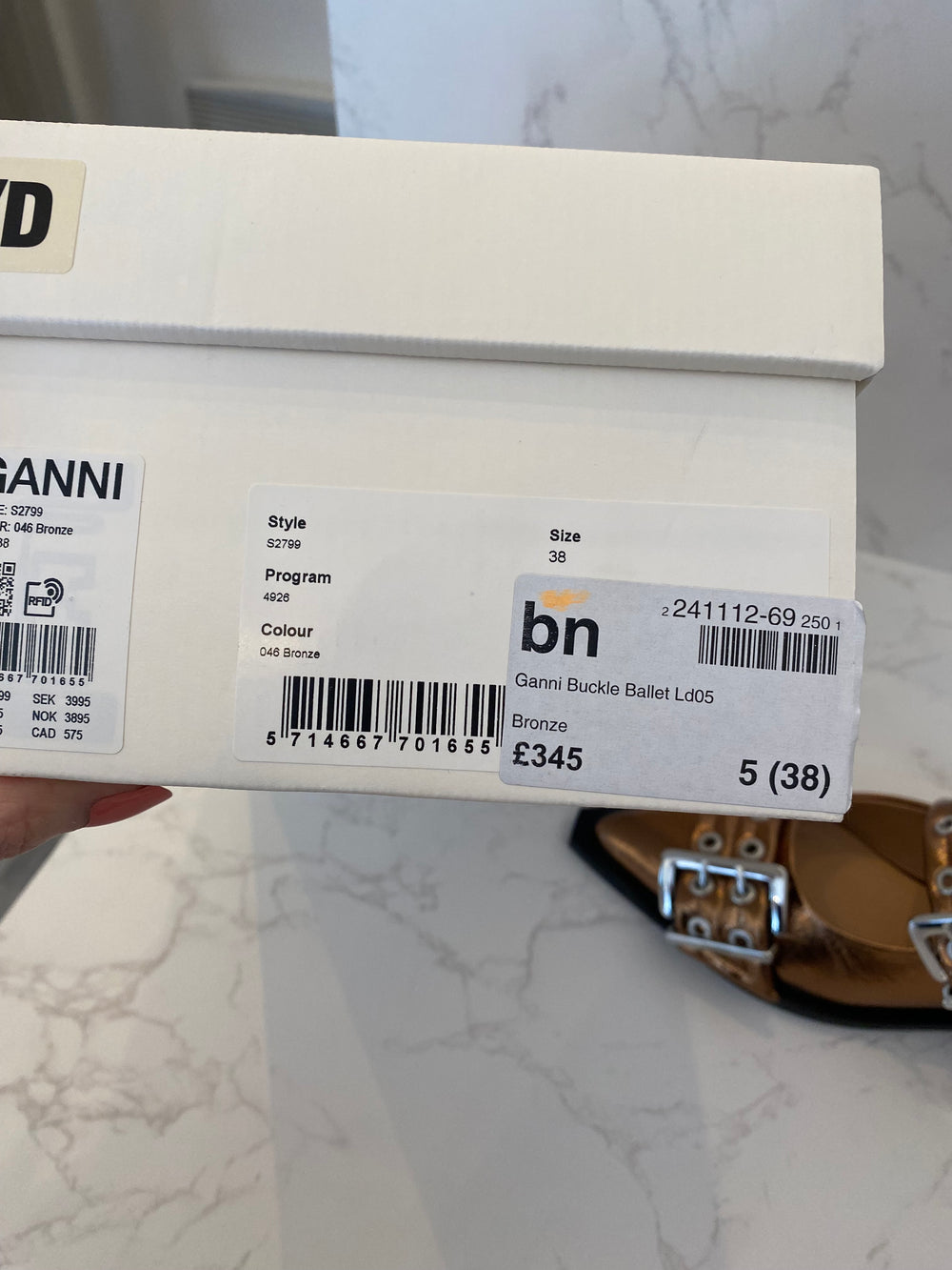 Pre Loved Ganni Metallic Buckle Ballerinas in Bronze UK 5 - NEW