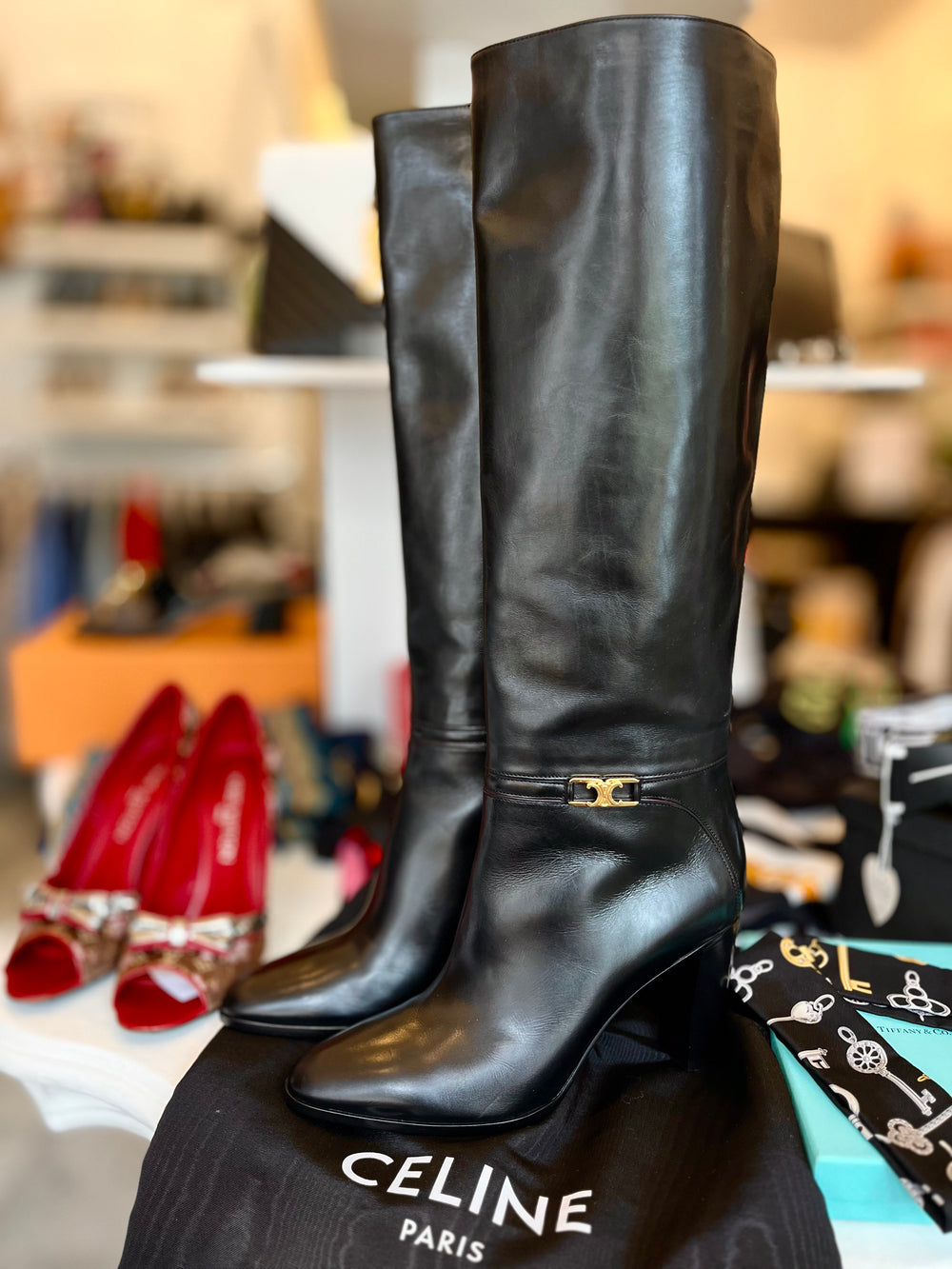 Pre Loved Celine Claude Long Black Leather Triomphe Boots UK 7 (new)