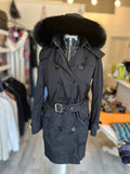 Pre Loved Burberry Black Trench Coat, Fox Fur Trim, Detachable Padded Gilet UK10 (excellent)