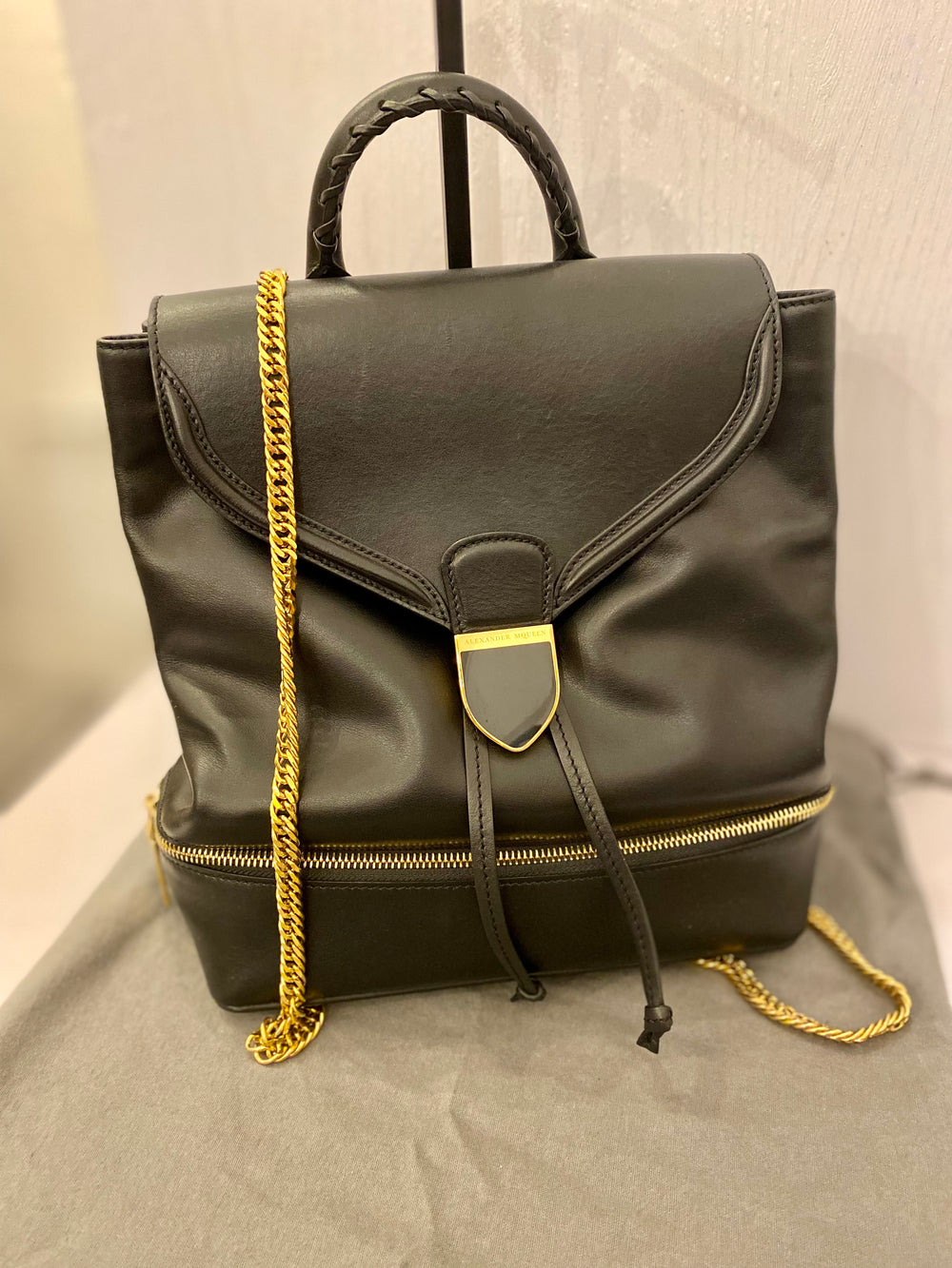 Pre Loved Alexander McQueen Black Leather Small Chain Strap Backpack (excellent)