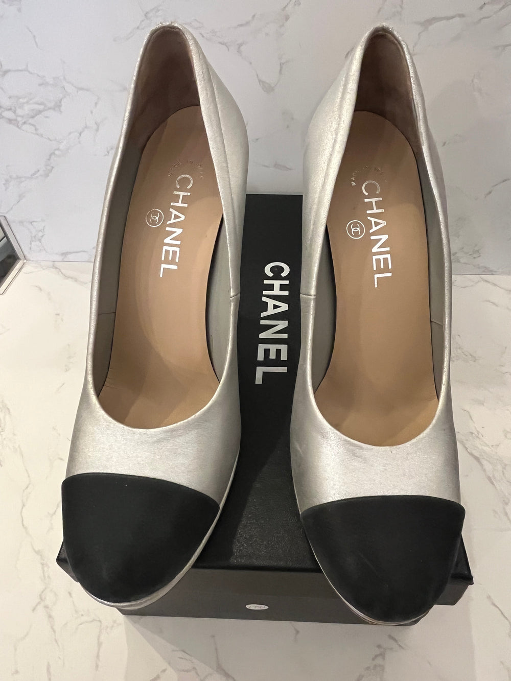Pre Loved Chanel Silver Leather Platform Heels with Black Toe Detail Size UK 5.5