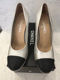 Pre Loved Chanel Silver Leather Platform Heels with Black Toe Detail Size UK 5.5