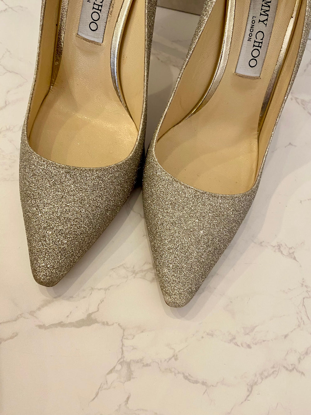 Pre Loved Jimmy Choo Romy 100 in Champagne Glitter uk6.5