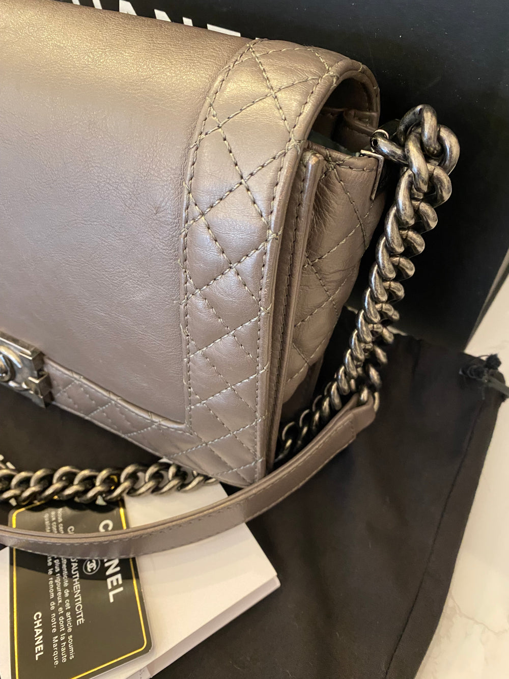 Pre Loved Chanel Medium Reverso Boy Bag in Grey Calf Leather