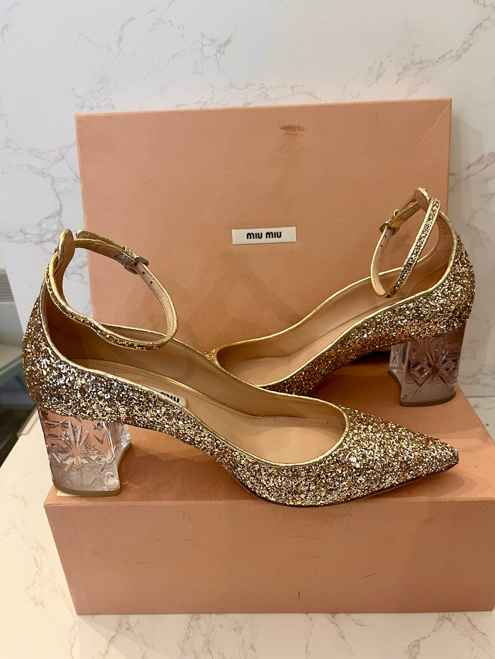 Pre Loved Miu Miu Gold Glitter Pumps with Clear Crystal Block Heel UK 5 New