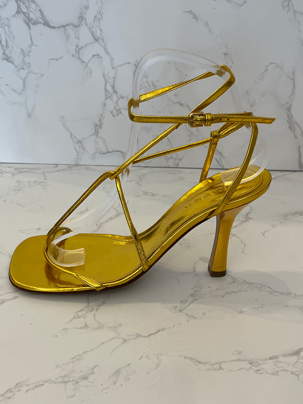 Pre Loved Bottega Veneta Gold Strappy Heeled Sandals UK4 (as new)