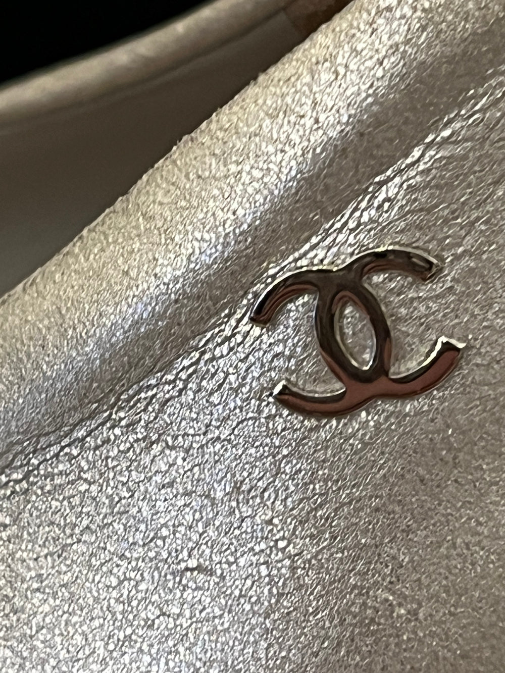 Pre Loved Chanel Silver Leather Platform Heels with Black Toe Detail Size UK 5.5