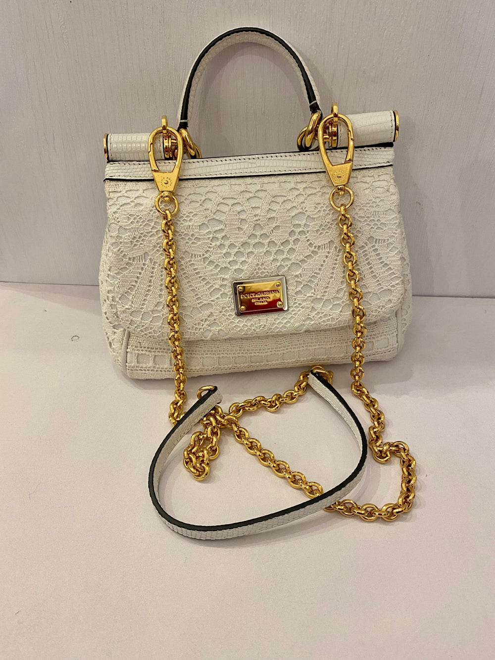 Pre Loved Vintage Dolce & Gabbana White Sicily Leather & Lace Bag