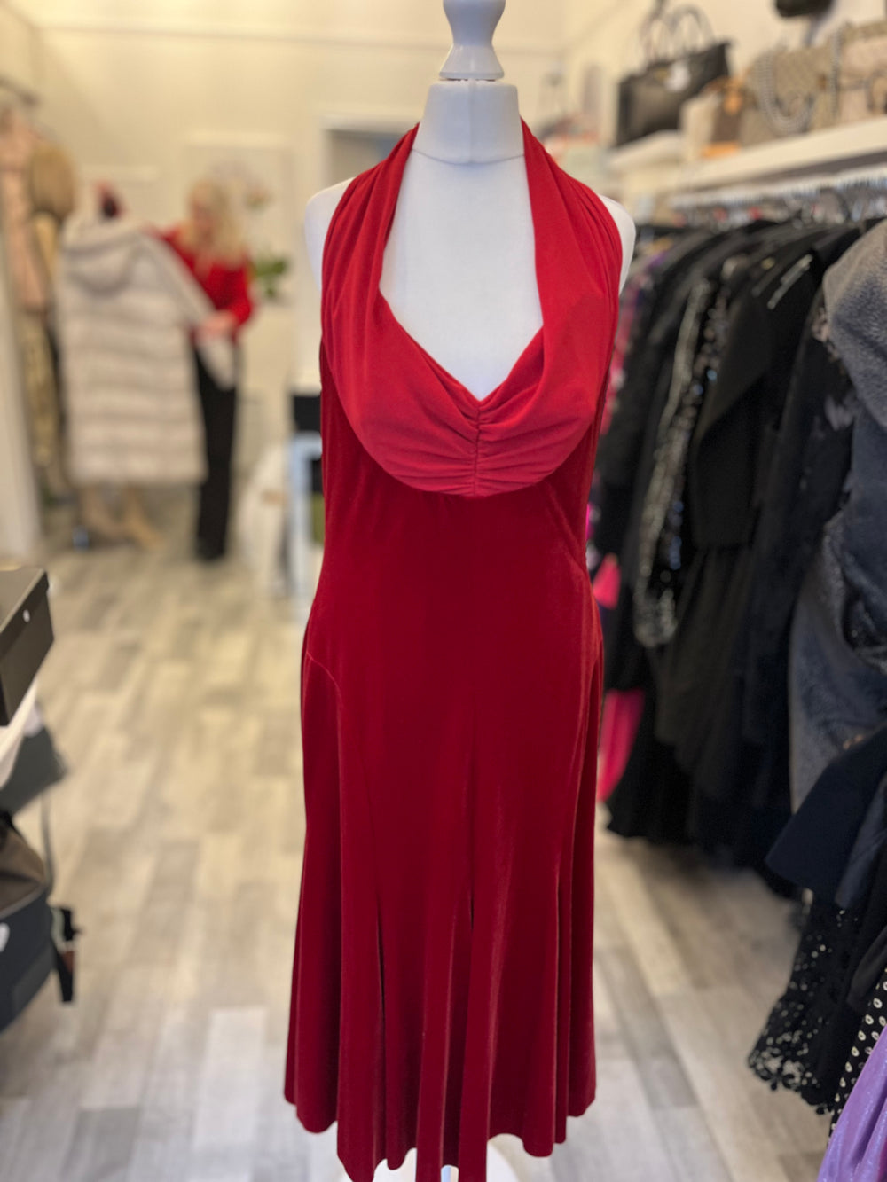 Pre Loved Amanda Wakeley Red Velvet Halter Neck Dress fits UK10-12