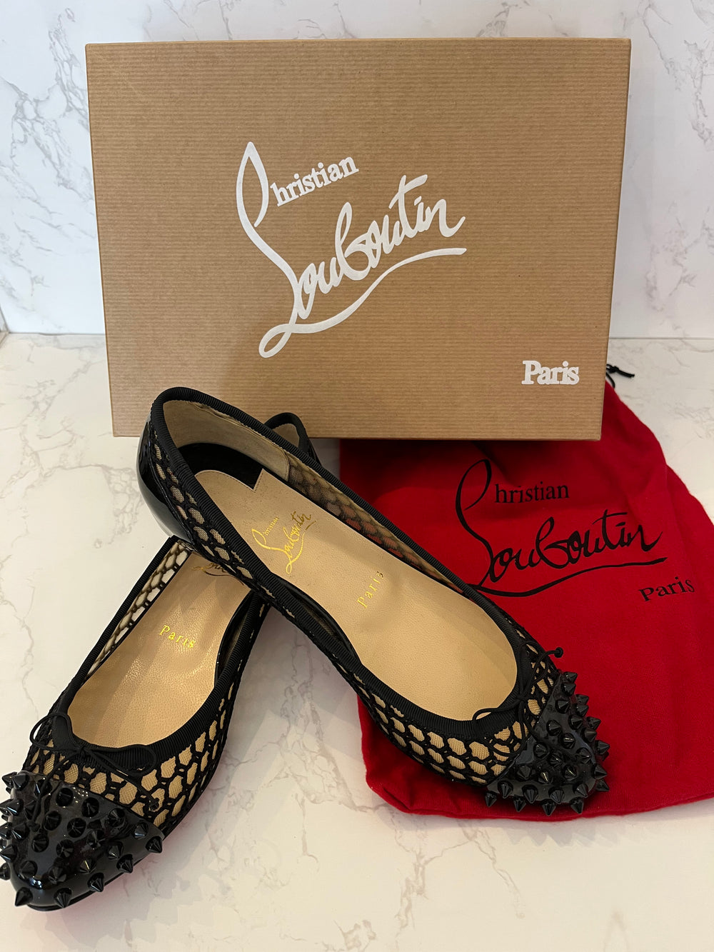 Pre Loved Christian Louboutin Black Patent Spike Ballet Flats UK 5 (New)