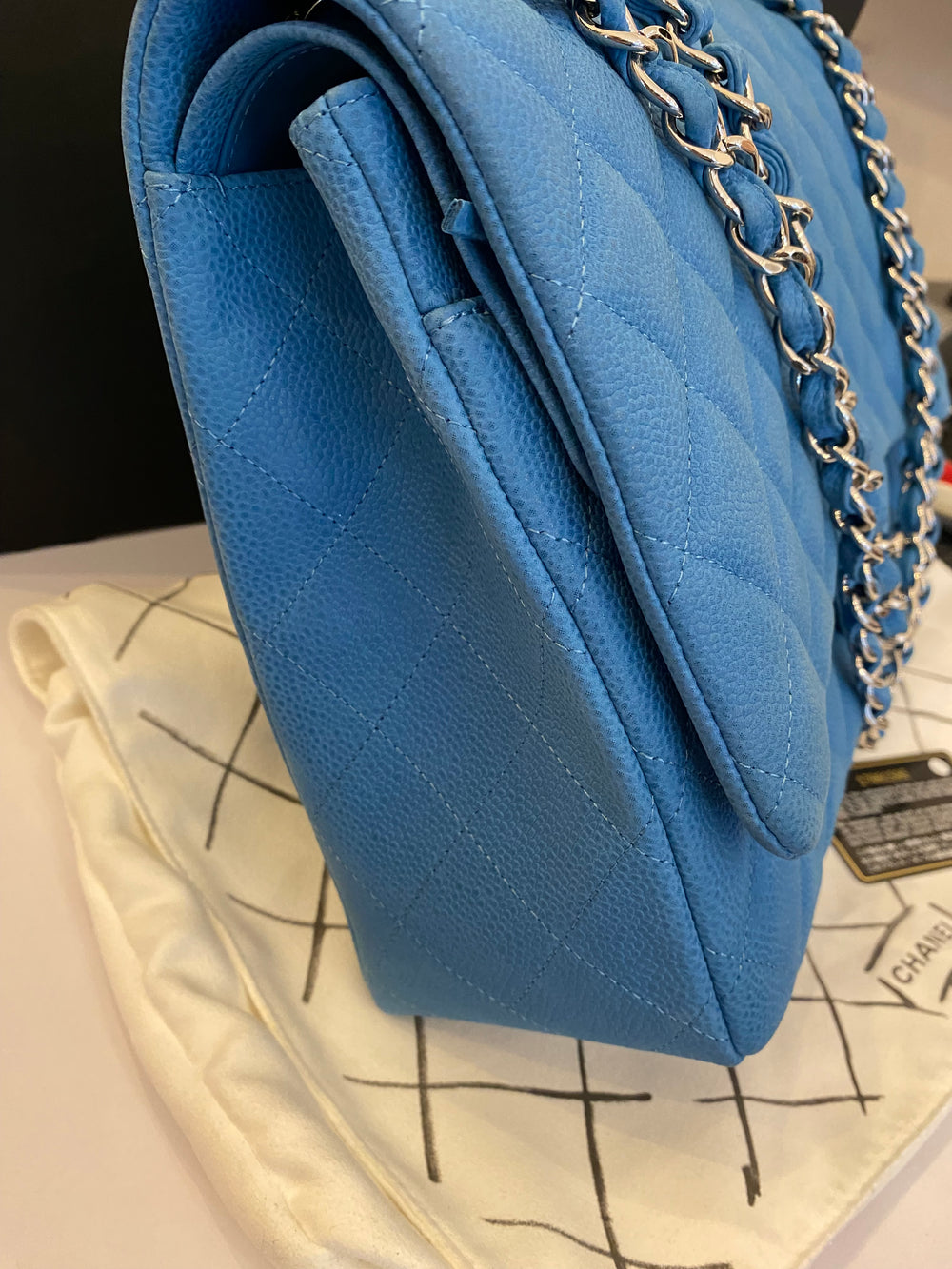 Pre Loved Chanel Classic Maxi Flap in Blue Suede Caviar