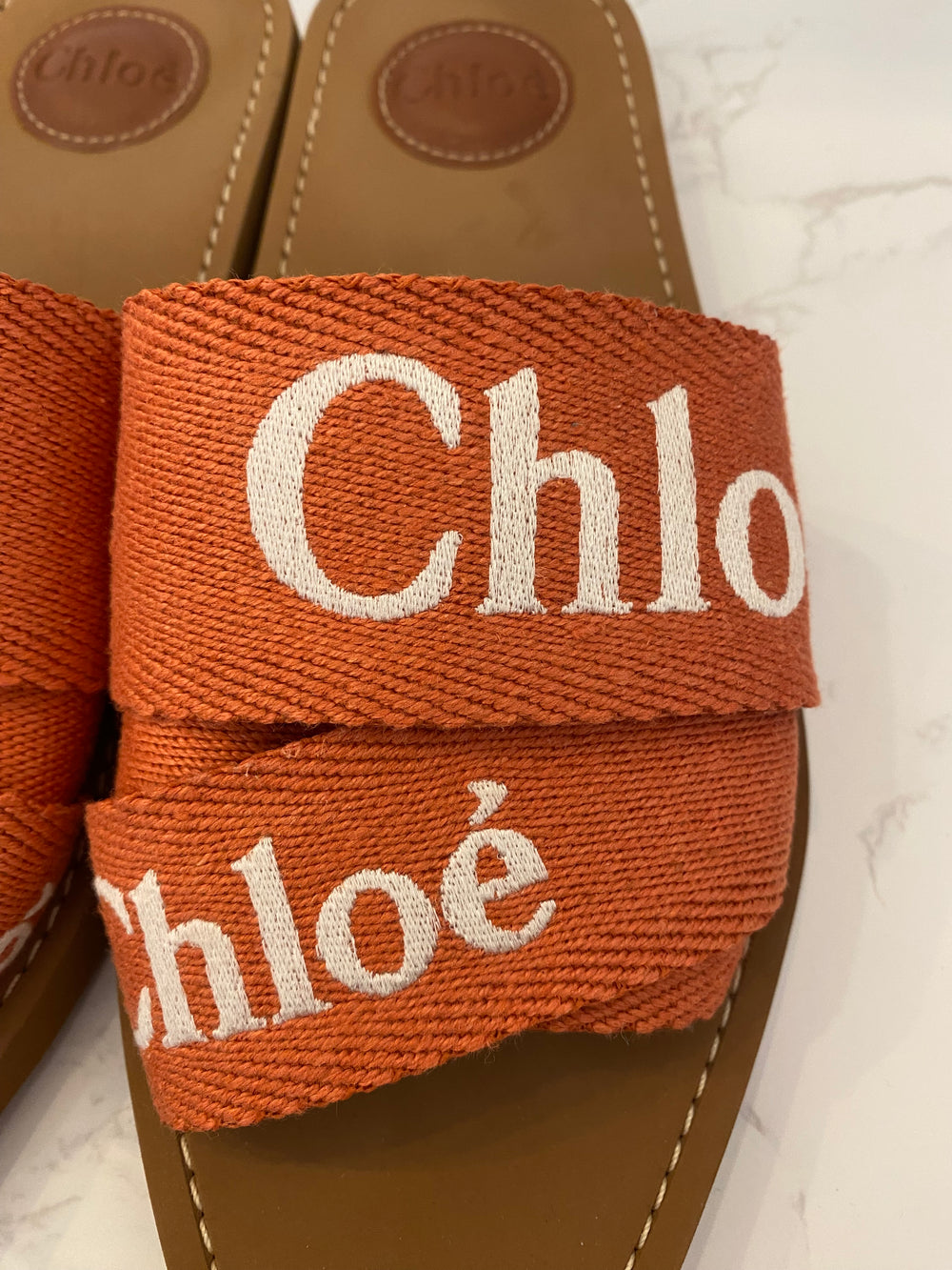 Pre Loved Chloe Woody Logo Print Mules , Orange UK6