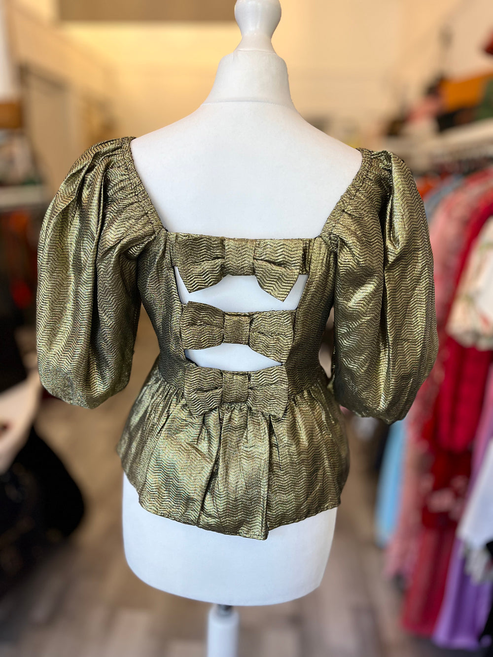 Pre Loved Queens of Archive Gold Lame Bow Back Top size S