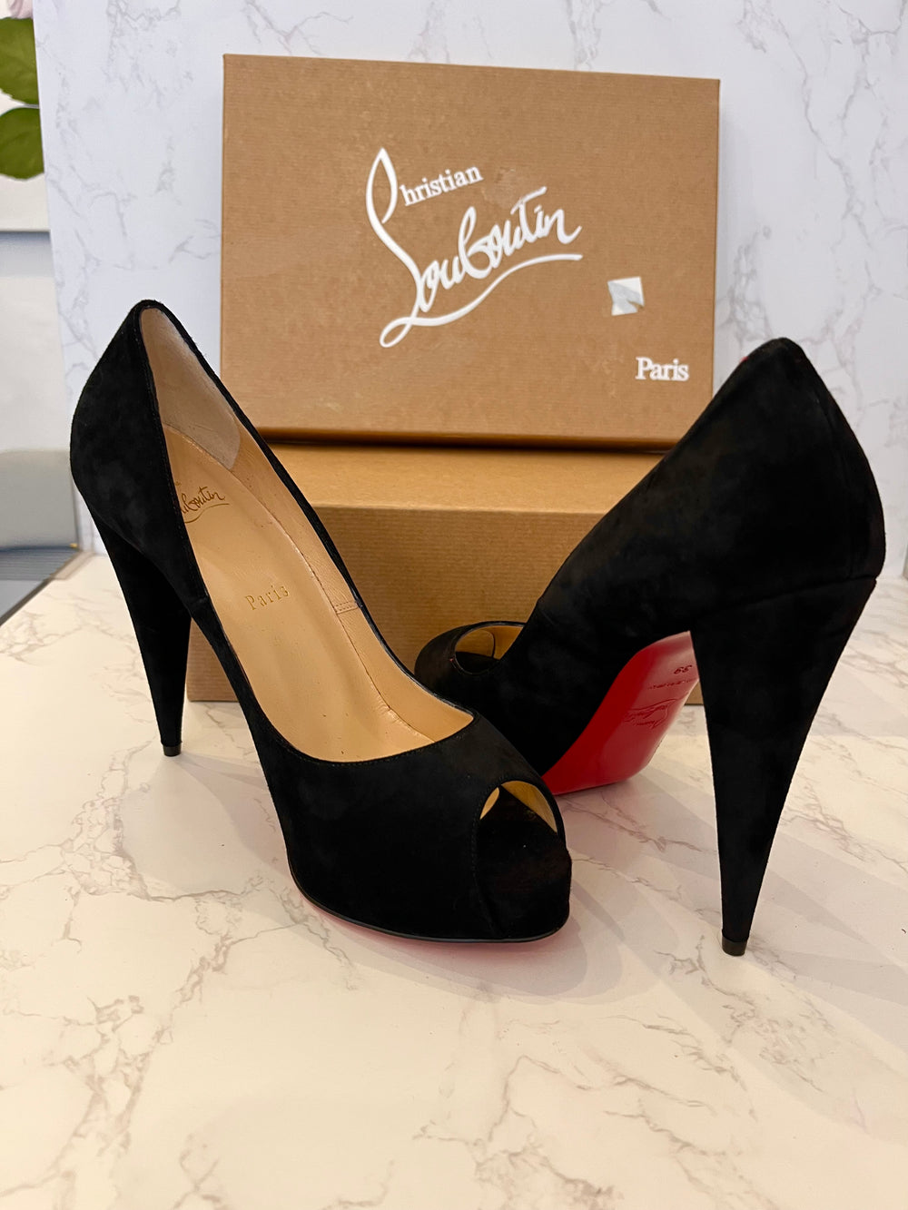 Pre Loved Christian Louboutin Very Conic 120 Black Suede Peeptoe Heels Size UK 6 (New)