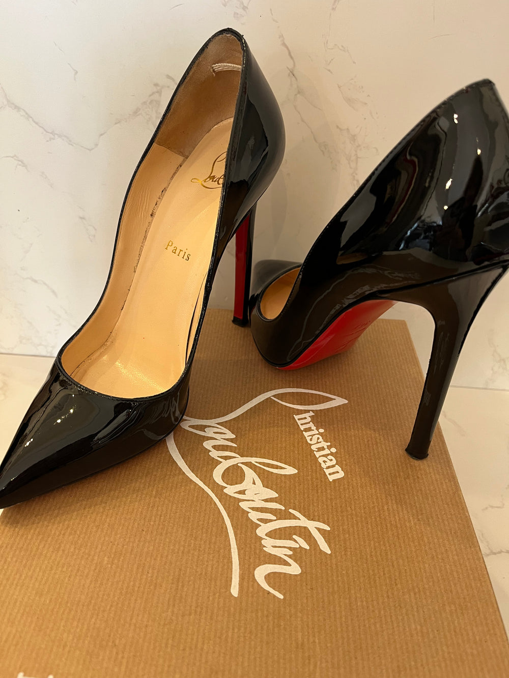 Pre Loved Christian Louboutin Pigalle 120 Black Patent Heels Size UK 3.5