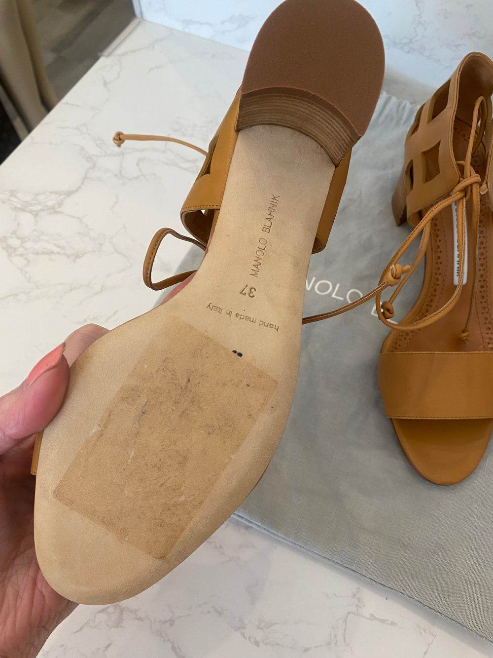 Pre Loved Manolo Blahnik Tan Cage Design Lace Tie Sandals UK4 - NEW
