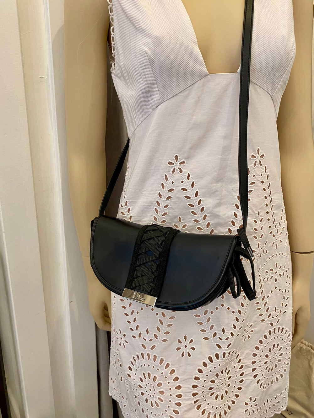 Pre Loved Christian Dior Corset Saddle Bag in Black Leather