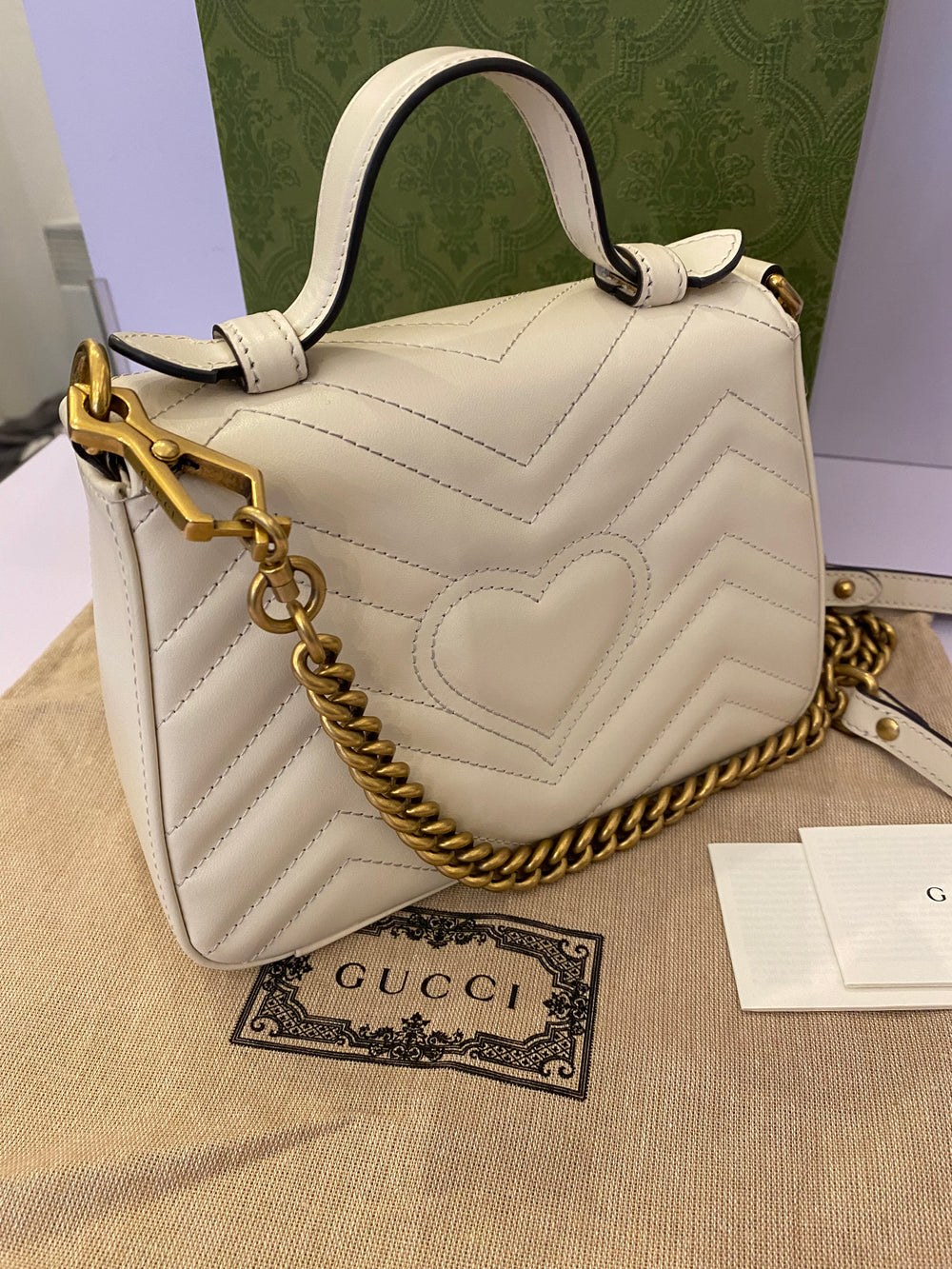 Pre Loved Gucci Marmont Small Top Handle Handbag in White (Cream) pristine as new