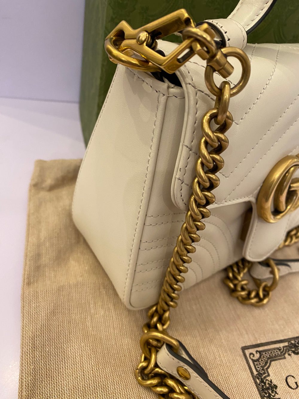 Pre Loved Gucci Marmont Small Top Handle Handbag in White (Cream) pristine as new