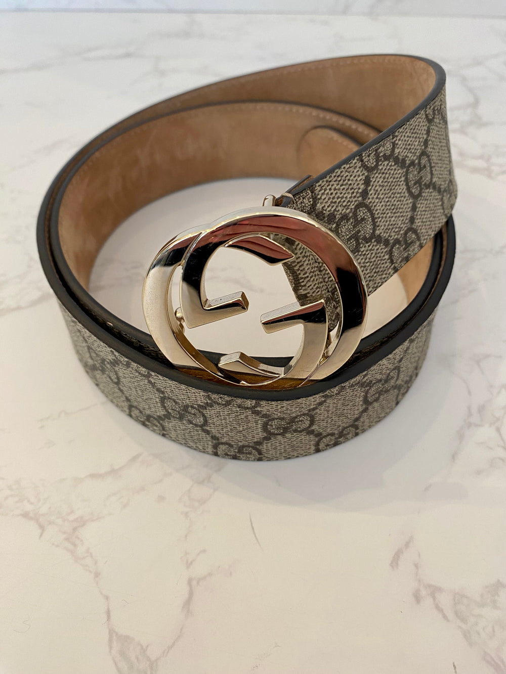 Pre Loved Gucci GG Leather Belt with Pale Gold GG Buckle Size 90cm