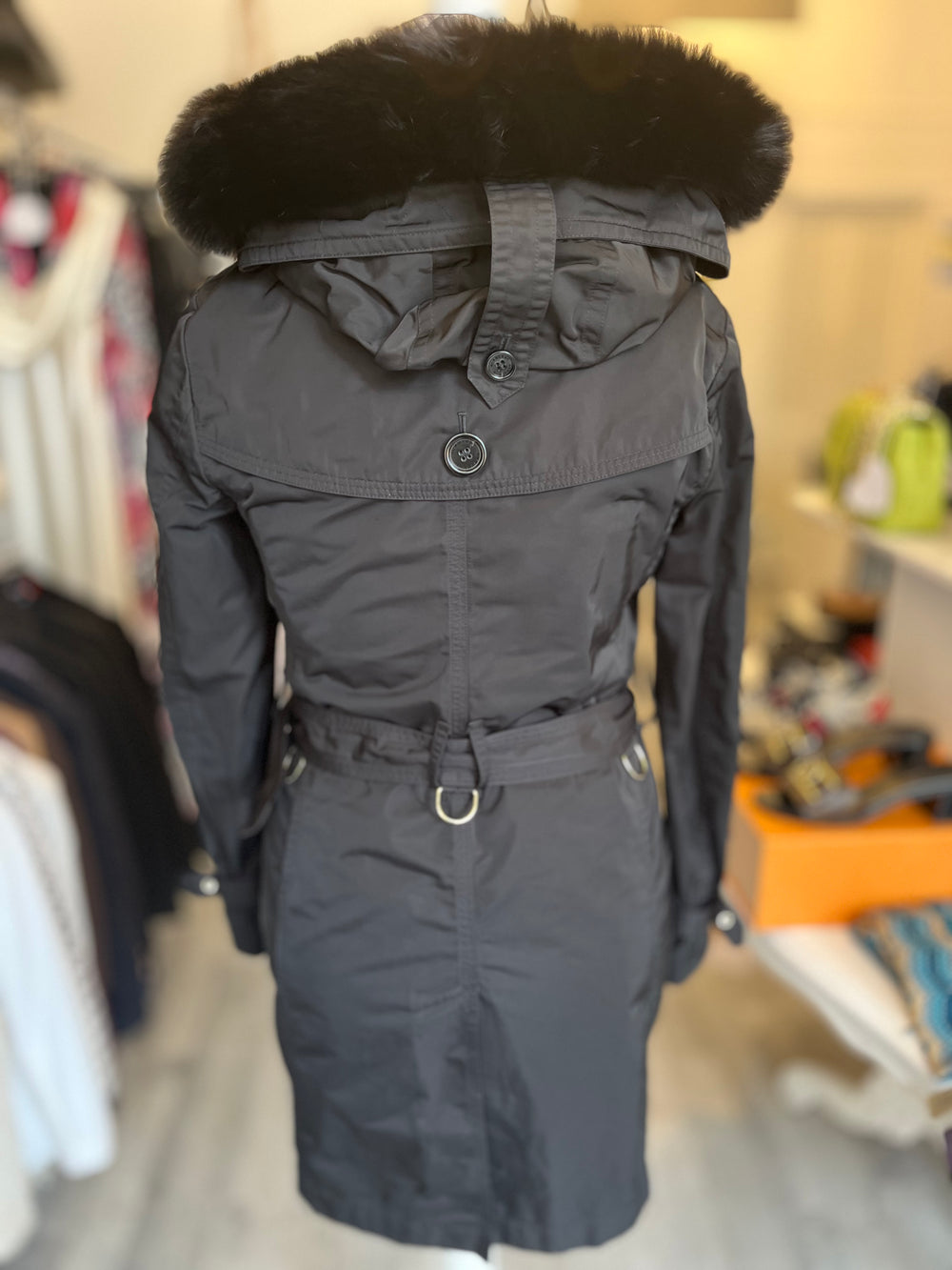 Pre Loved Burberry Black Trench Coat, Fox Fur Trim, Detachable Padded Gilet UK10 (excellent)