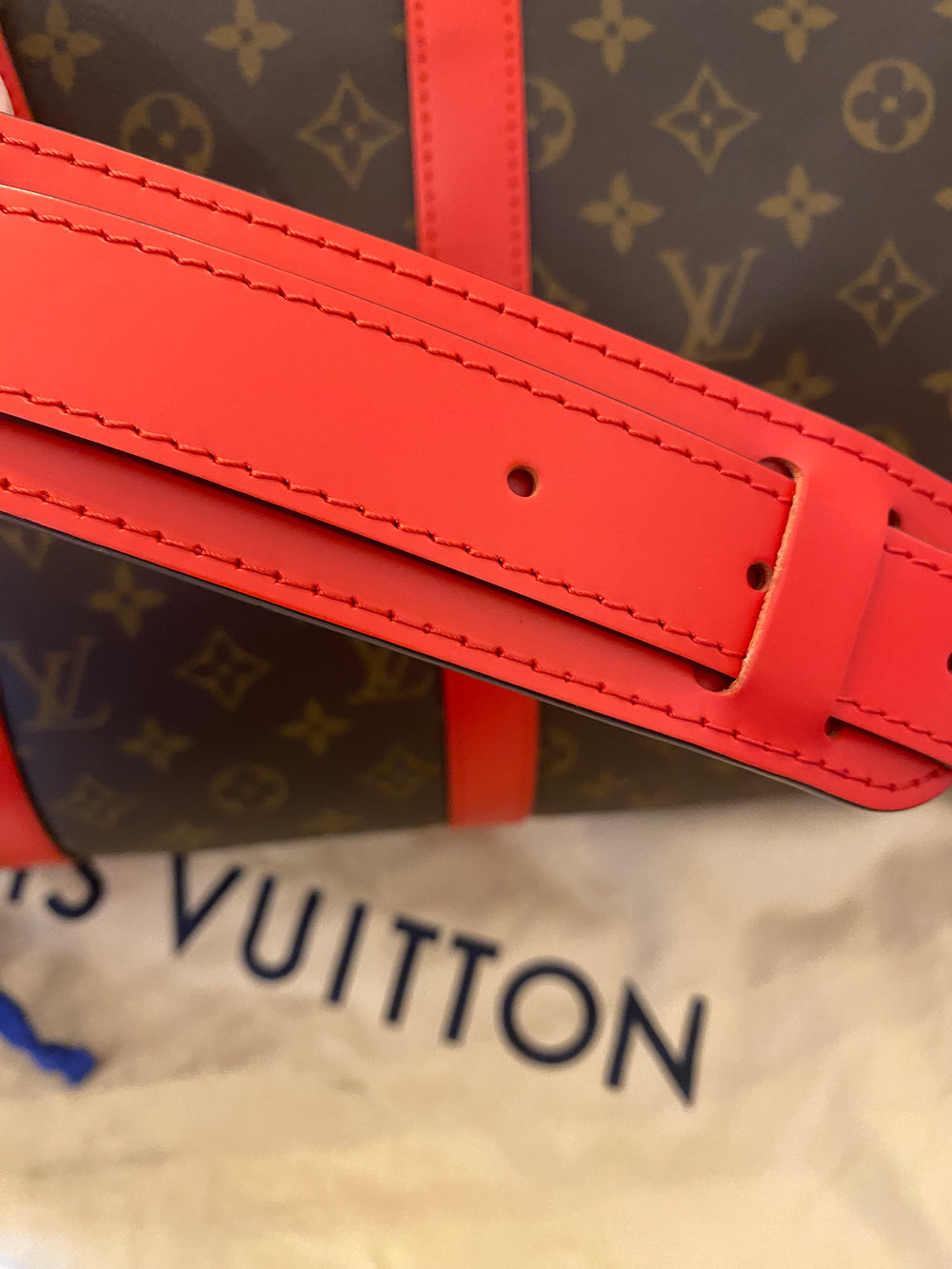 Pre Loved Louis Vuitton Monogram Keepall 50 With Red Leather Trim (excellent)