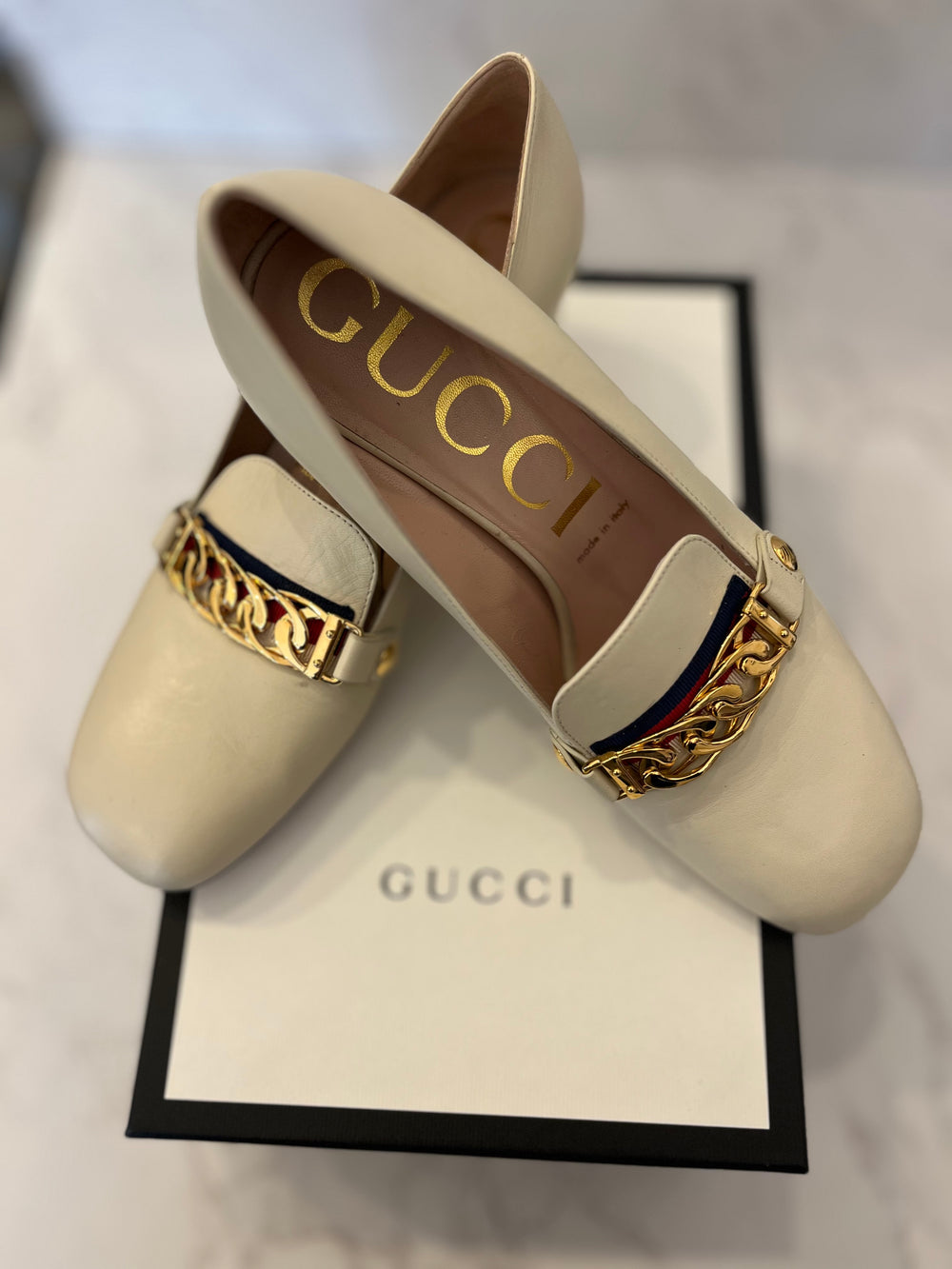 Pre Loved Gucci Sylvie Ivory Leather Block Heels  UK5.5