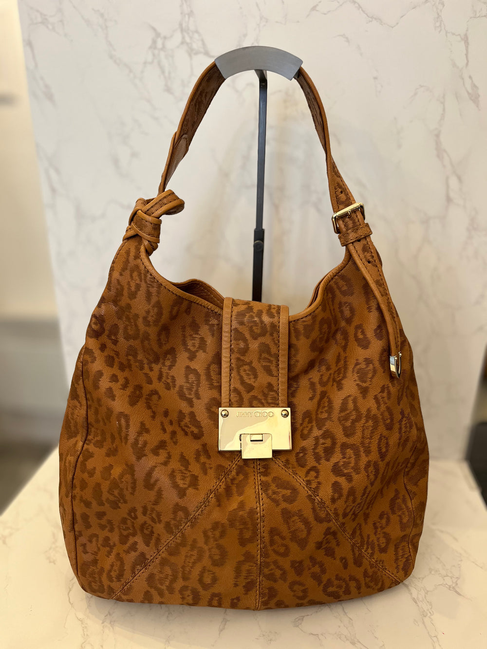 Pre Loved Jimmy Choo Tan Leopard Print Leather Hobo