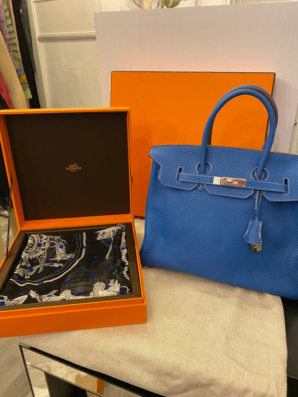 Pre Loved Hermes Birkin 35 Mykonos Blue & White Clemence  - Limited Edition - NEW