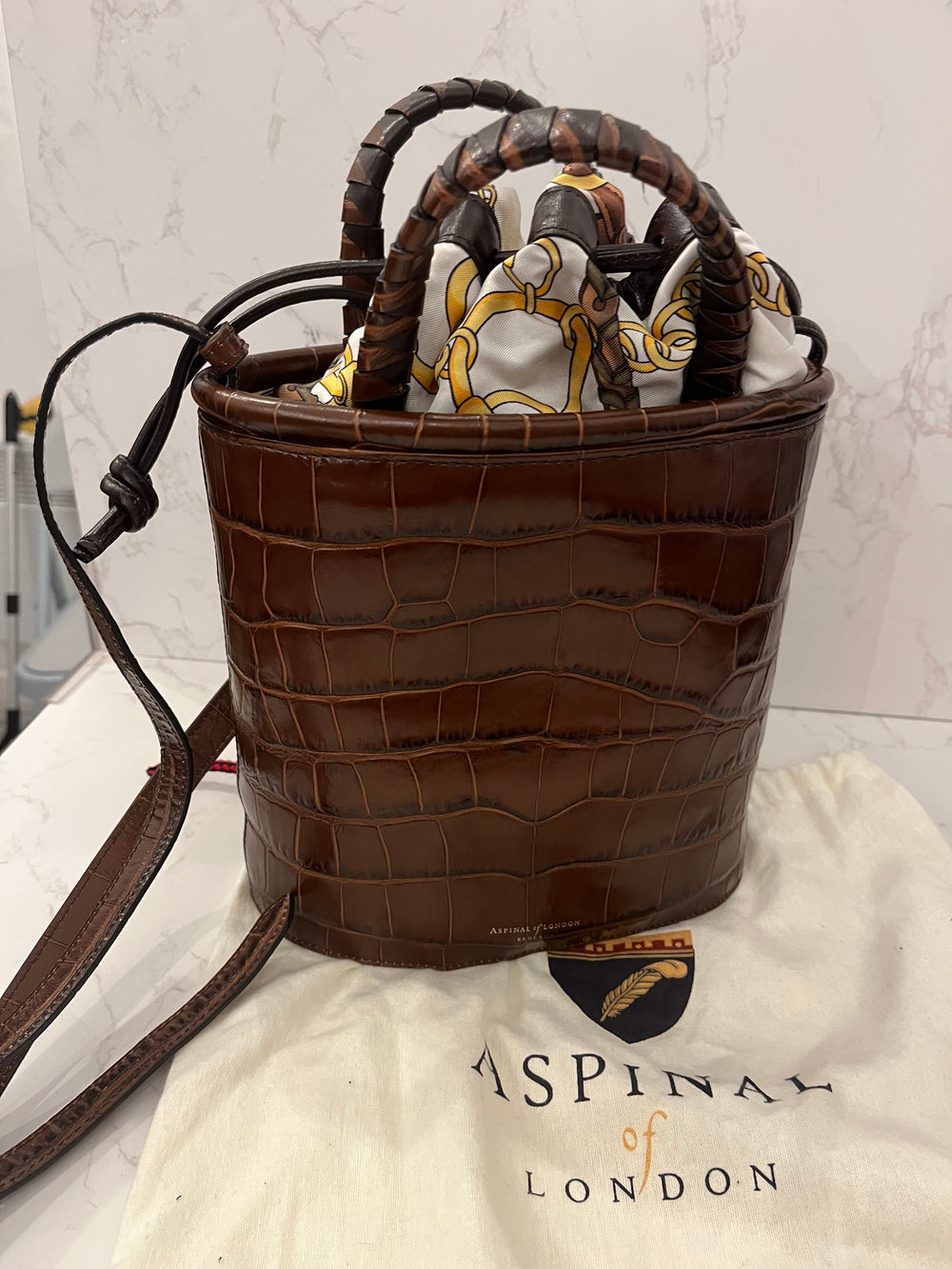 Pre Loved Aspinal of London Embossed Brown Leather Bucket Bag (as new)