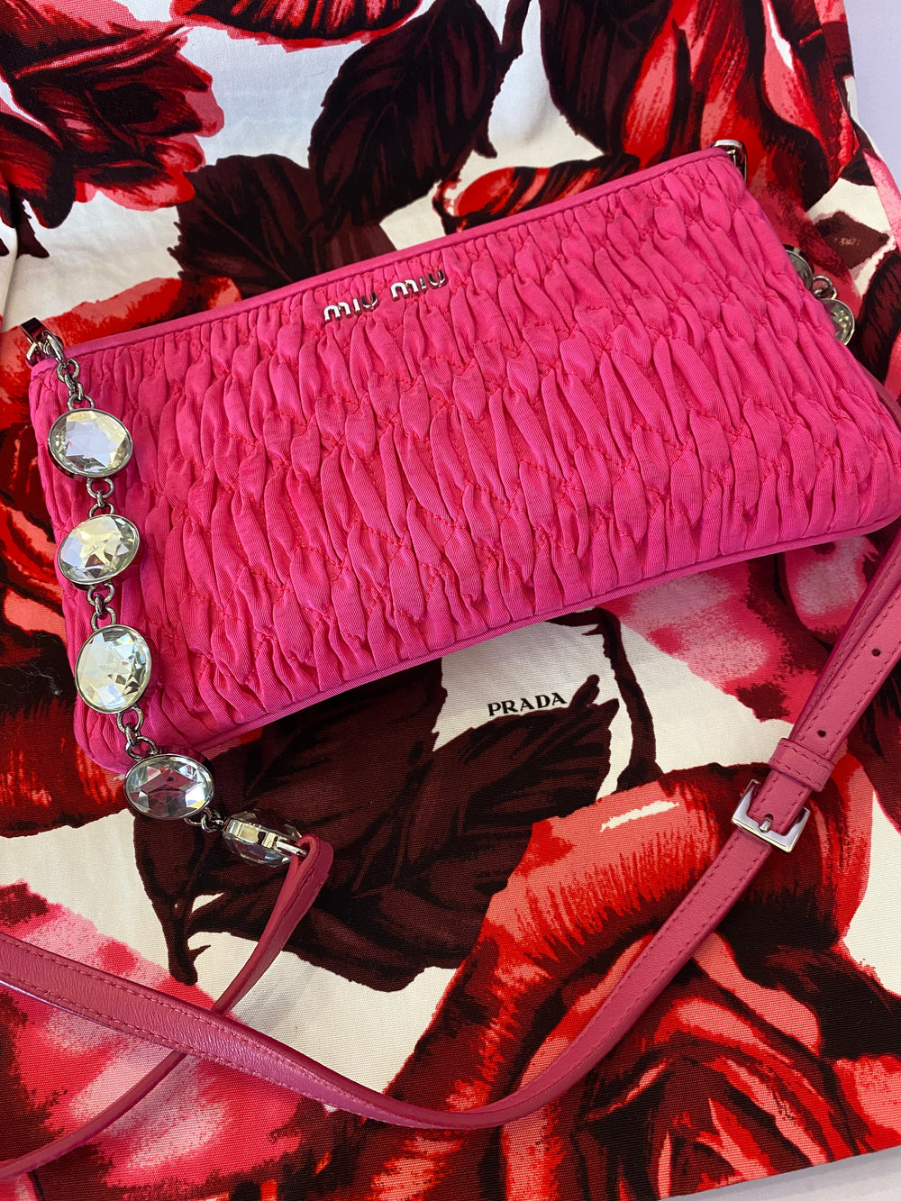 Pre Loved Miu Miu Pink Cotton Crystal Shoulder /Clutch Bag