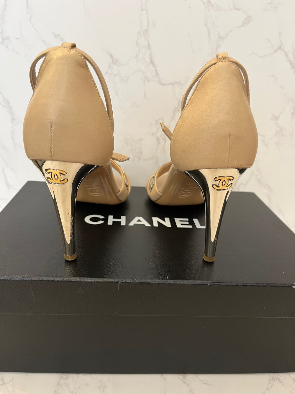 Pre Loved Chanel Beige Leather & Silver Ankle Straps UK 3