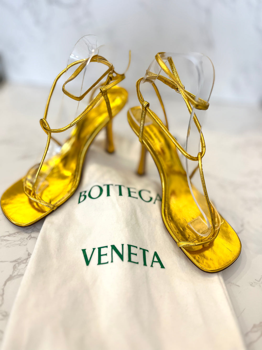Pre Loved Bottega Veneta Gold Strappy Heeled Sandals UK4 (as new)
