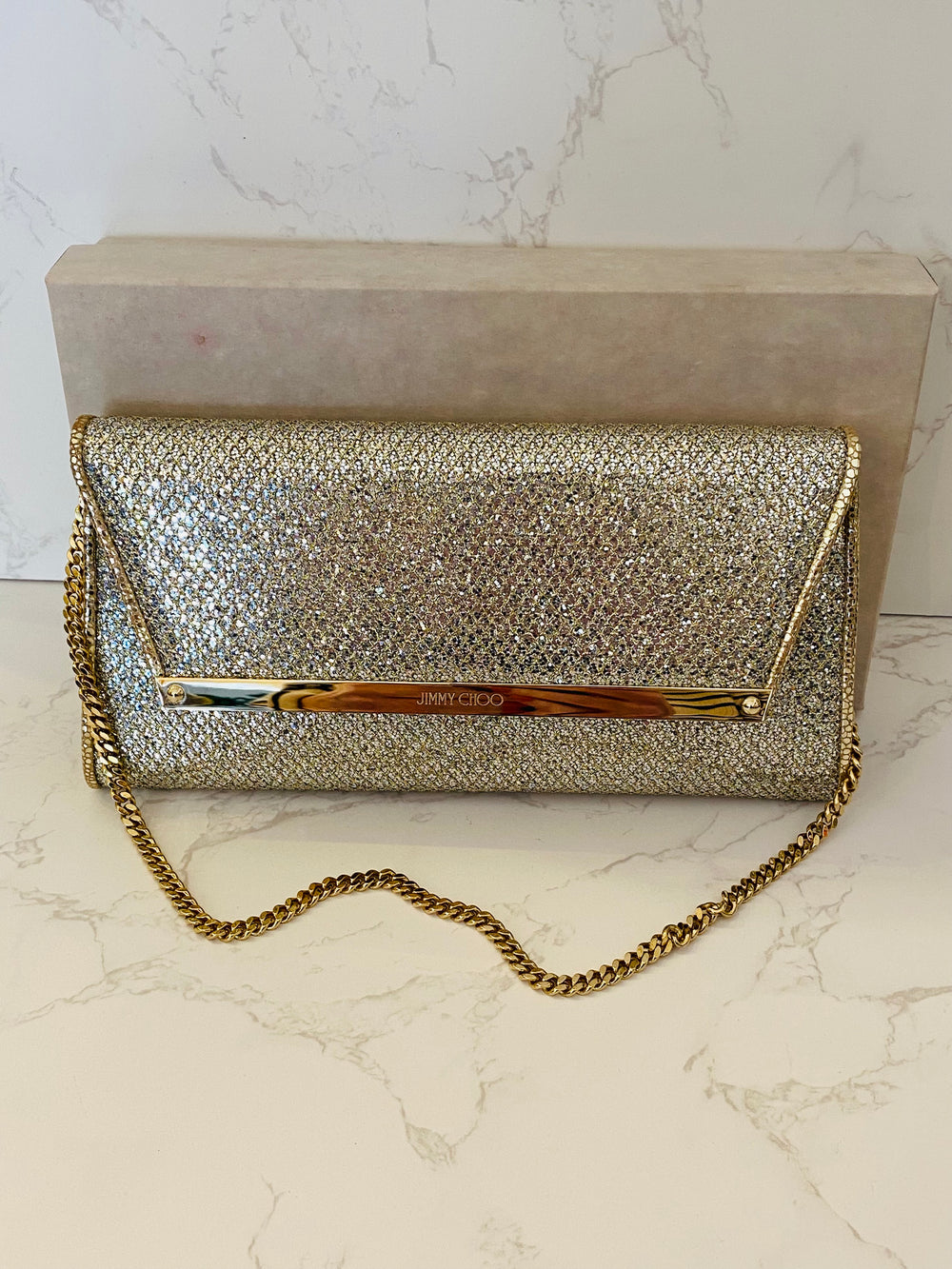 Pre Loved Jimmy Choo Margo Gold Glitter Clutch (exellent) **reserved MM**