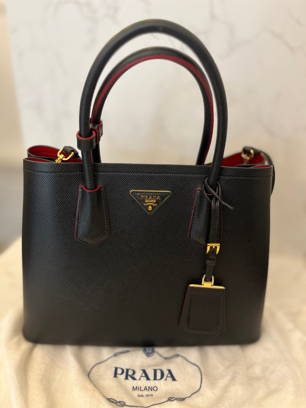 Pre Loved Prada Black Saffiano Leather Double Tote Bag