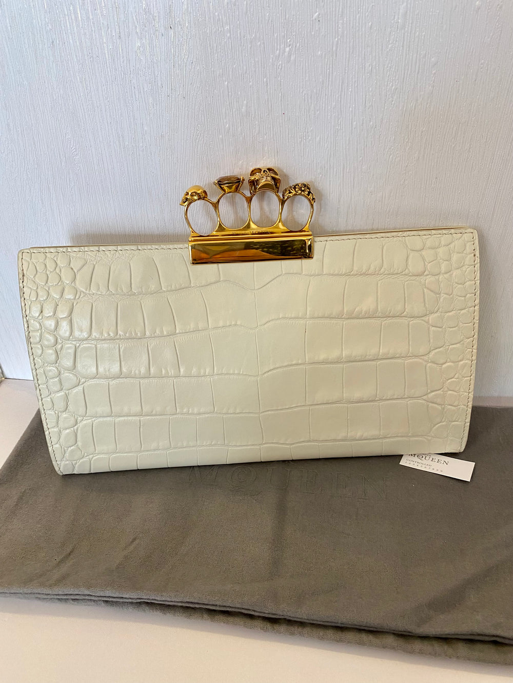 Pre Loved Alexander McQueen Jewelled Embossed Clutch in Cream (excellent )