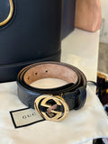 Pre Loved Gucci Black Guccissima leather belt with interlocking G buckle in gold  95cm