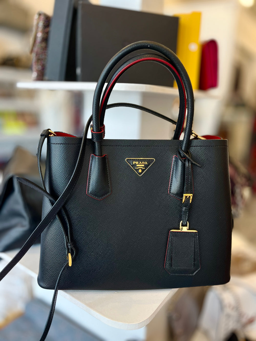 Pre Loved Prada Black Saffiano Leather Double Tote Bag