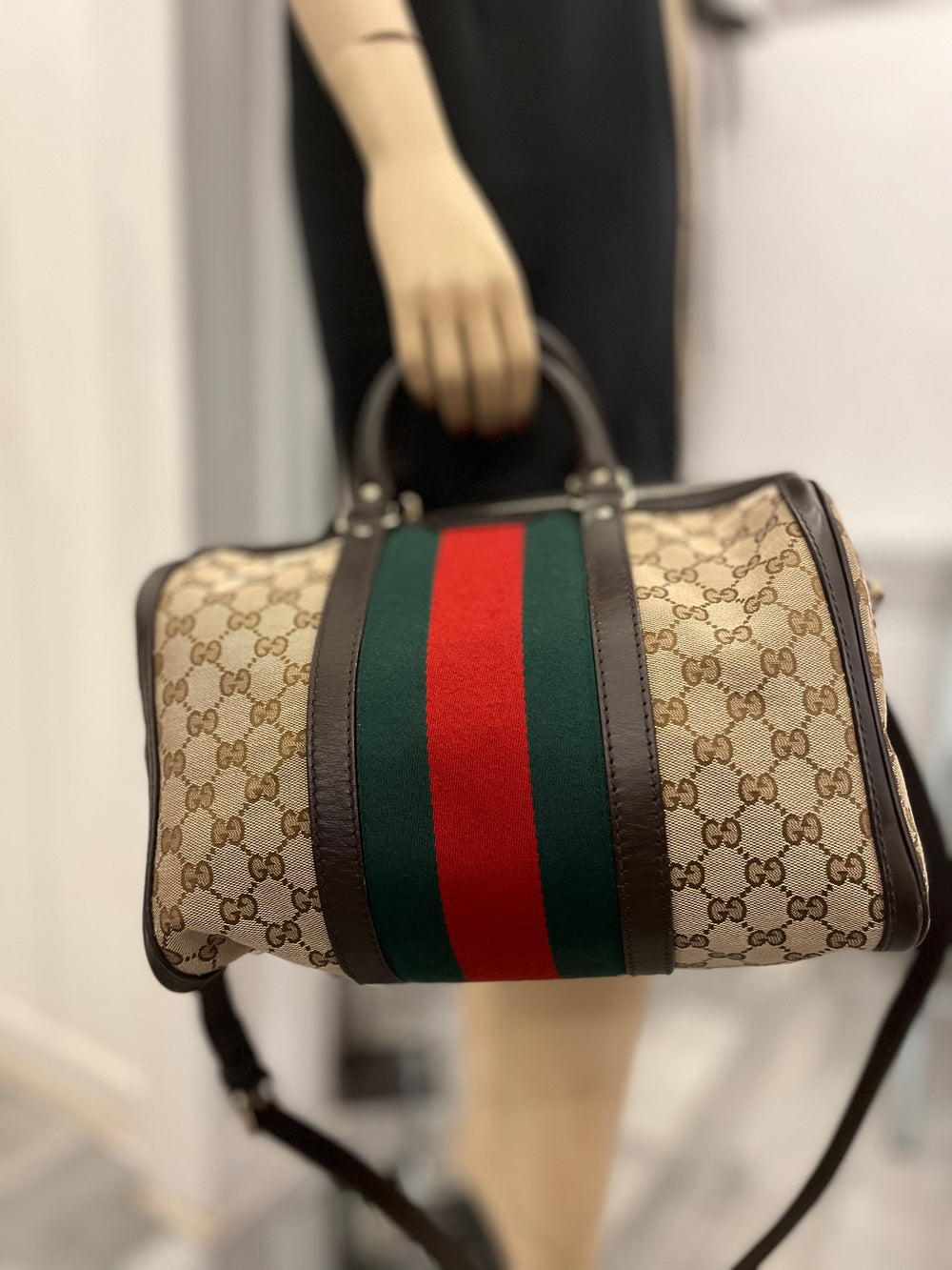 Pre Loved Gucci Boston Bowling Bag in GG Monogram Canvas with Green & Red Web Stripe
