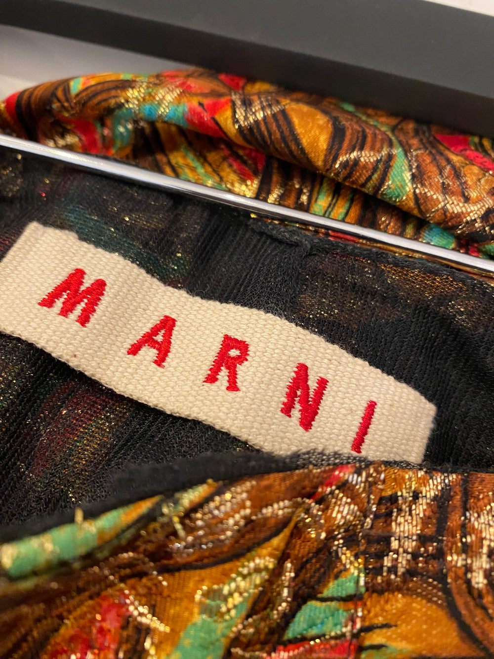 Pre Loved Marni Colourful Mosaic Metallic A-Line Trapeze Blouse Top & A-Line Pleated Skirt Suit Uk 10-12