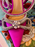 Pre Loved Mach and Mach fuschia satin heels with silver embellishment  size UK 5 (New)