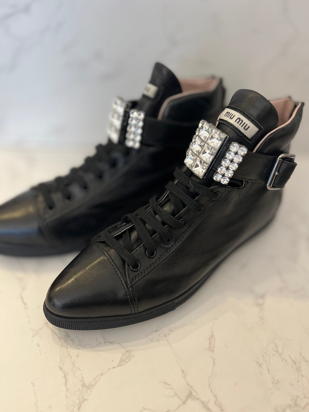 Pre Loved Miu Miu Black Leather & Crystal Boots UK 5.5 (New)