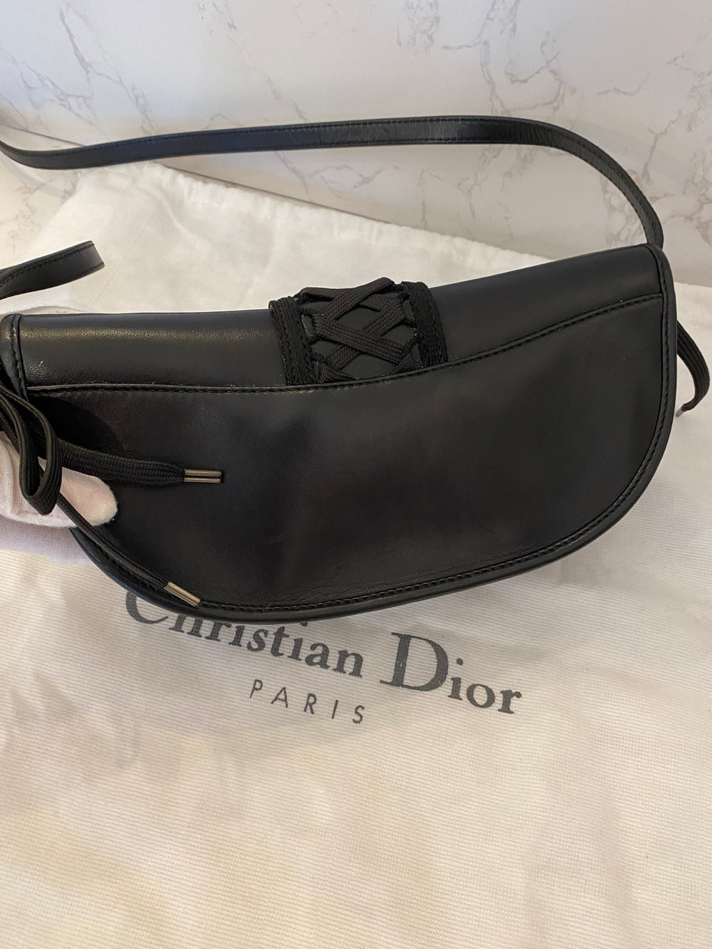 Pre Loved Christian Dior Corset Saddle Bag in Black Leather