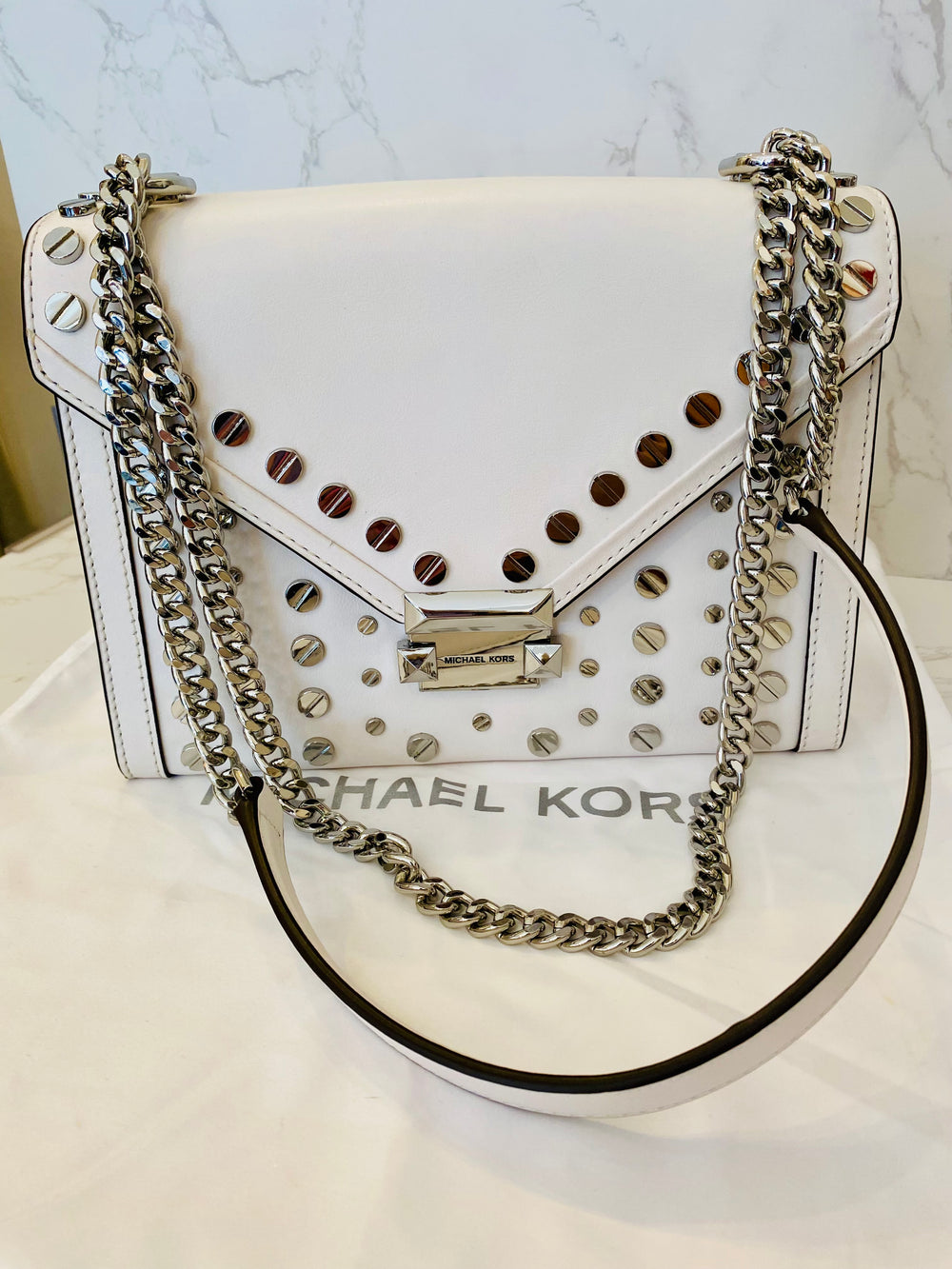 Pre Loved Michael Kors Whitney Handbag in White Leather with Silver Studs (excellent)