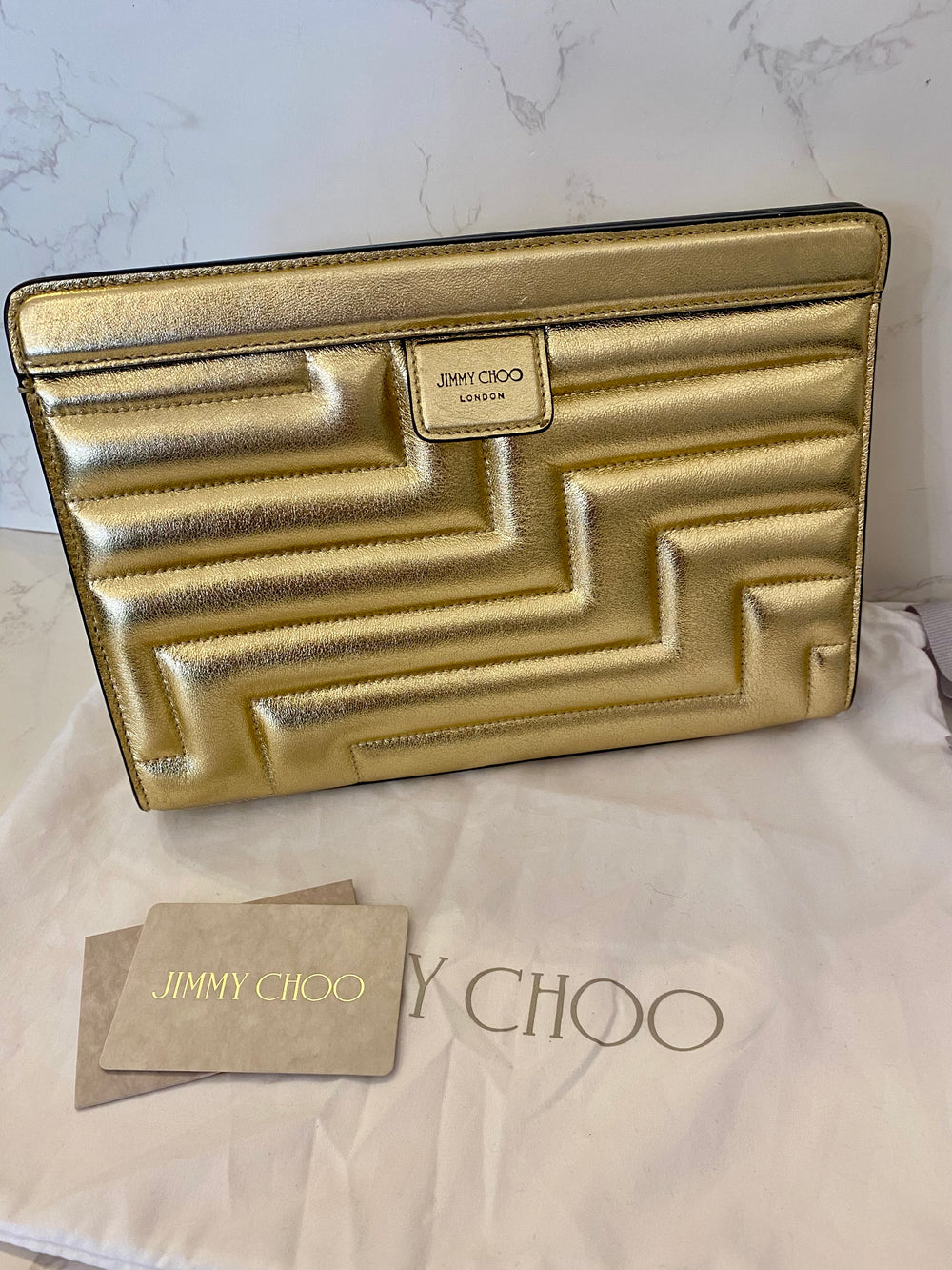 Pre Loved Jimmy Choo Avenue Gold Metallic Quilted Clutch (excellent)