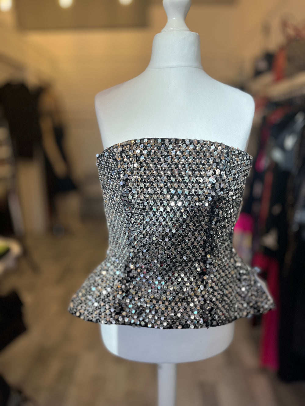 Pre Loved Nadine Merabi Paige Silver Sequin Corset Top UK8 (excellent)